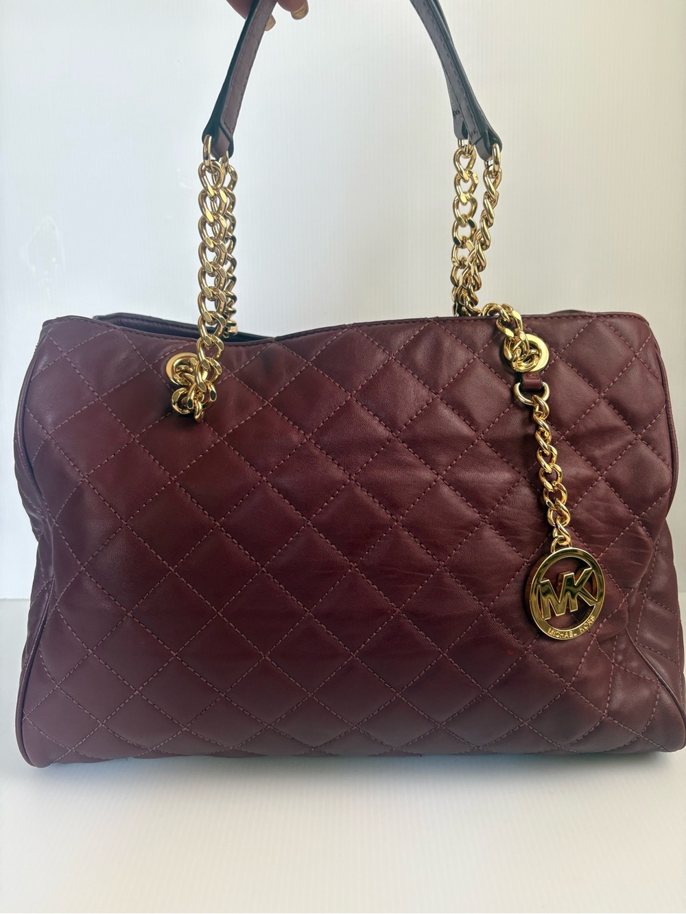 Michael Kors Susannah Quilted Shoulder Tote in Burgundy with Gold Hardware